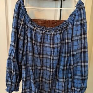 St. John's Bay Blue Checkered Off-Shoulder Blouse